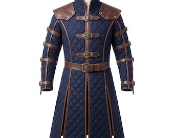 Medieval Fantasy Coat, Quilted Gambeson Coat, Wool Blend Warrior Jacket, Genuine Leather Trim, Renaissance LARP Costume, Halloween