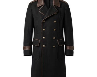 Abrigo largo militar francés negro de lana y cuero / Abrigo cruzado de oficial / Gabardina militar gótica / Abrigo de invierno de lana vintage