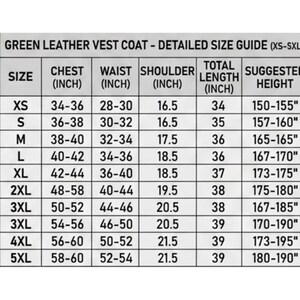 Puede incluir: Una tabla de gu&iacute;a de tallas para un chaleco de cuero verde con texto negro sobre fondo blanco. La tabla enumera tallas desde XS hasta 5XL, incluyendo medidas en pulgadas para pecho, cintura, hombros y longitud total, adem&aacute;s de la altura sugerida en pulgadas.