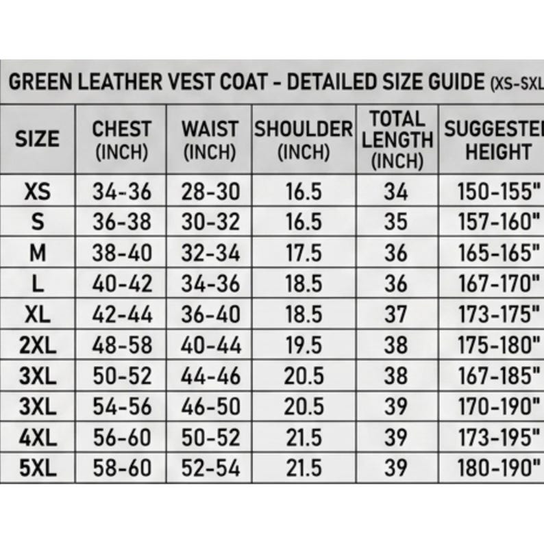 Puede incluir: Una tabla de gu&iacute;a de tallas para un chaleco de cuero verde con texto negro sobre fondo blanco. La tabla enumera tallas desde XS hasta 5XL, incluyendo medidas en pulgadas para pecho, cintura, hombros y longitud total, adem&aacute;s de la altura sugerida en pulgadas.