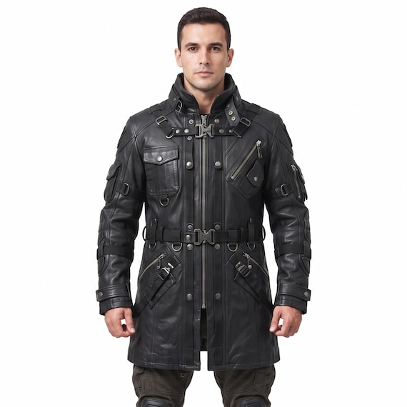 Cyberpunk Tactical Leather Long Jacket for Men, Black Techwear Coat, Futuristic Goth Jacket, Post Apocalyptic Costume, Halloween Outfit