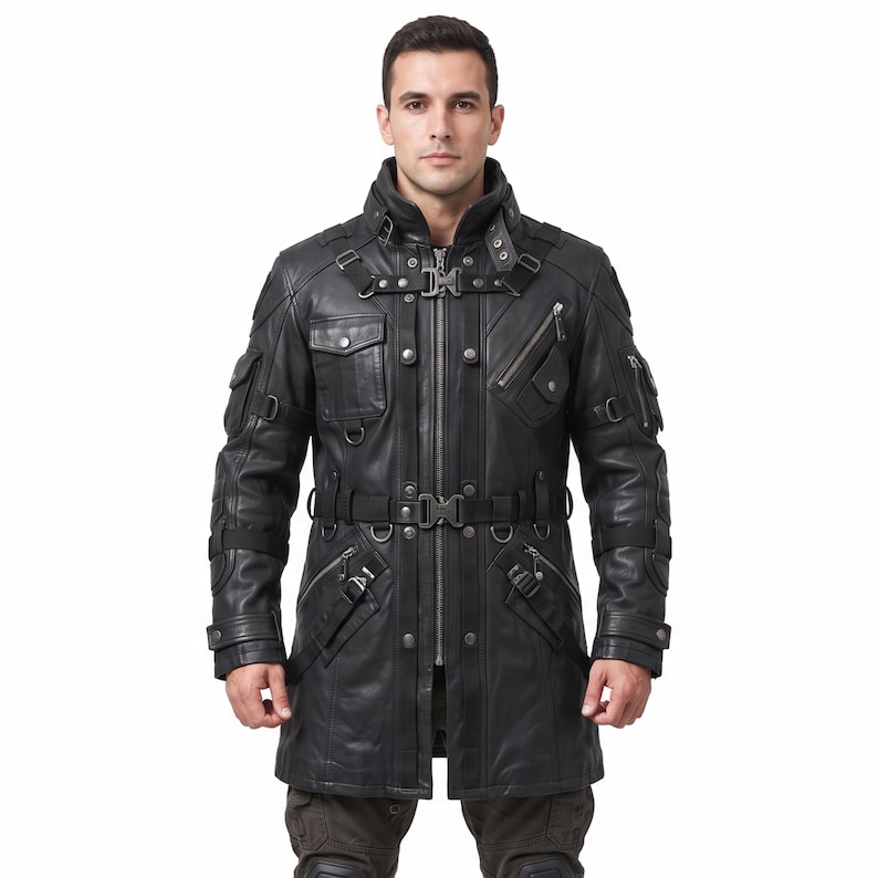May include: A black leather jacket featuring a high collar, a central zipper, and a waist belt with a metal buckle. The jacket includes multiple utility pockets with snap buttons, diagonal zippered compartments, and decorative straps with metal hardware.