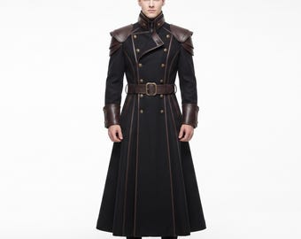 Luxury Long Leather & Wool Coat, Gothic Military Overcoat, Handmade Victorian Style Coat, Steampunk Formal Jacket, Halloween Costume