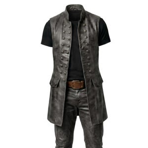 Puede incluir: Un chaleco largo de color gris carb&oacute;n con cuello alto, dos filas verticales de botones a juego y dos bolsillos con solapa en la cintura. El chaleco se lleva sobre una camiseta negra lisa y se combina con pantalones grises a juego y un cintur&oacute;n de cuero marr&oacute;n.