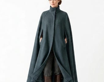 Abrigo largo gris para mujer / Chaqueta tipo capa victoriana de lana gótica / Maxi de lujo con cuello alto estilo steampunk / Prenda de abrigo de estilo vintage