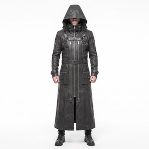 May include: A long black hooded coat featuring a high collar with buckle straps, a full-length front zipper, and a waist belt. The garment includes multiple zippered chest pockets, two large flap pockets at the hips, and adjustable sleeve cuffs.