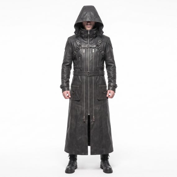 Cyberpunk Leather Trench Coat, Handmade Long Leather Coat, Futuristic Techwear Overcoat, Gothic Cosplay Jacket, Halloween Costume