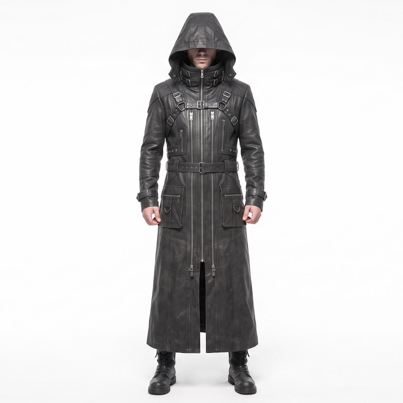 May include: A long black hooded coat featuring a high collar with buckle straps, a full-length front zipper, and a waist belt. The garment includes multiple zippered chest pockets, two large flap pockets at the hips, and adjustable sleeve cuffs.