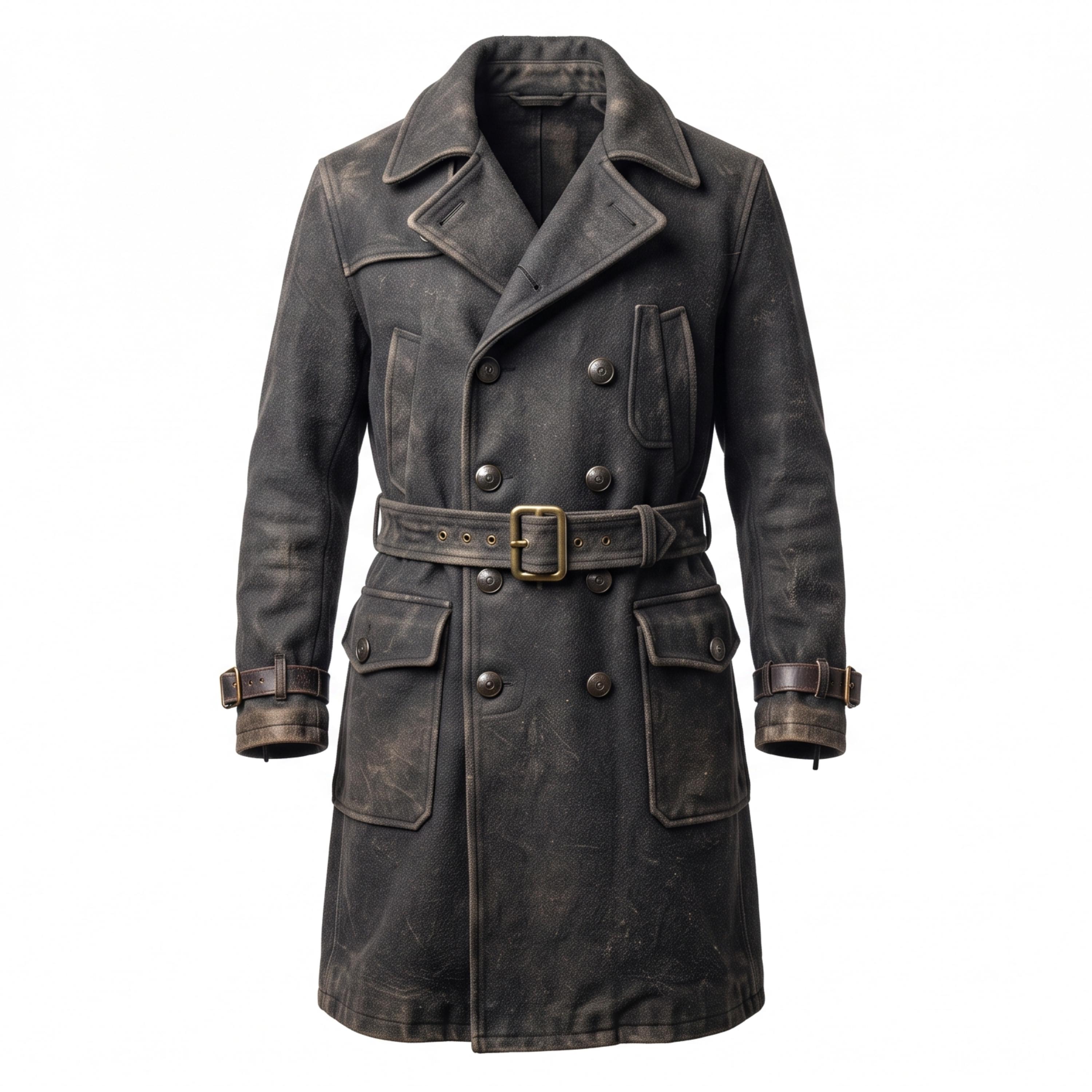 Wasteland Trench Coat, Charcoal Black Distressed Wool Coat, Handmade Gothic Long Overcoat, Vintage Military Trench, Halloween Coat