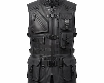 Cyber Tactical Leather Vest, Gothic Utility Vest, Futuristic Techwear Waistcoat, Tactical Costume, Halloween