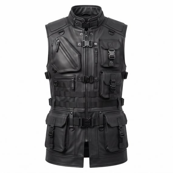 Cyber Tactical Leather Vest, Gothic Utility Vest, Futuristic Techwear Waistcoat, Tactical Costume, Halloween