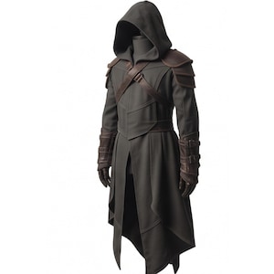 May include: A dark grey hooded coat featuring brown leather-like shoulder pauldrons, a chest strap, and forearm gauntlets with buckle closures. The garment has a long, split-front hem and structured paneling, displayed on a mannequin form.