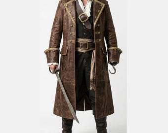 Handmade: Brown Real Leather Pirate Long Coat | Vintage Captain Style Hook Jacket Cosplay
