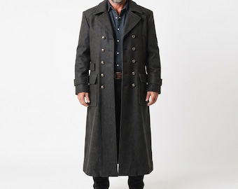 Western Marshal Long Leather Coat, Men’s Cowboy Duster Coat, Leather Western Trench Coat, Old West Marshal Coat, Halloween Costume
