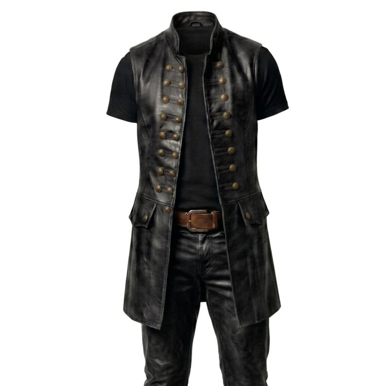Puede incluir: Un chaleco largo de cuero negro con cuello alto, dos filas verticales de botones de metal color lat&oacute;n y dos bolsillos con solapa en la cintura. El chaleco se lleva sobre una camiseta negra de manga corta y pantalones negros con un cintur&oacute;n marr&oacute;n.