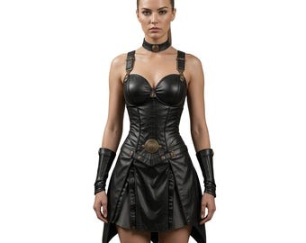 女性用黒革戦士コルセットドレス - 中世コスプレ衣装 - ルネッサンスフェアLARPアーマー - ダークファンタジースチームパンクレースアップボディス