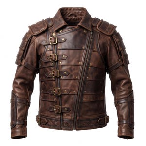 May include: A dark brown leather jacket featuring a layered, armor-like design with multiple horizontal straps, brass-toned buckles, and metal studs. The jacket includes shoulder padding, a diagonal zipper closure, and textured detailing at the hem.