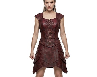 Woman Burgundy Leather Warrior Corset Dress | Medieval Cosplay Costume, Renaissance LARP Armor