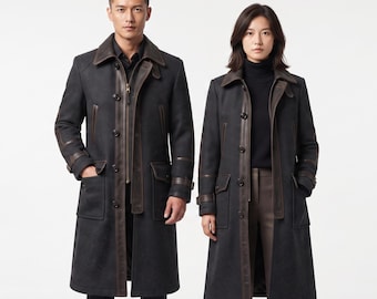The Plymouth Corsair Long Coat | Pirate Captain Wool & Leather Coat | Renaissance Buccaneer Jacket | Unisex Cosplay Costume