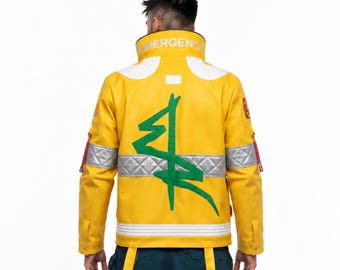 Futuristic Yellow Leather Jacket | Anime Inspired Techwear Cosplay Jacket | Sci-Fi Biker Leather Coat | Halloween Costume