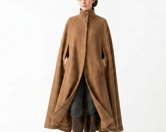 Abrigo largo tipo capa color camel para mujer / Chaqueta tipo capa victoriana de lana gótica / Maxi de lujo con cuello alto estilo steampunk / Prenda de abrigo de estilo vintage