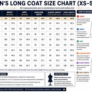 Puede incluir: Una tabla de tallas para un abrigo largo, titulada MEN'S LONG COAT SIZE CHART (XS-5XL). Muestra una tabla con columnas para pecho, cintura, caderas, hombros, mangas y largo del abrigo en cent&iacute;metros y pulgadas, junto a un diagrama de medici&oacute;n.