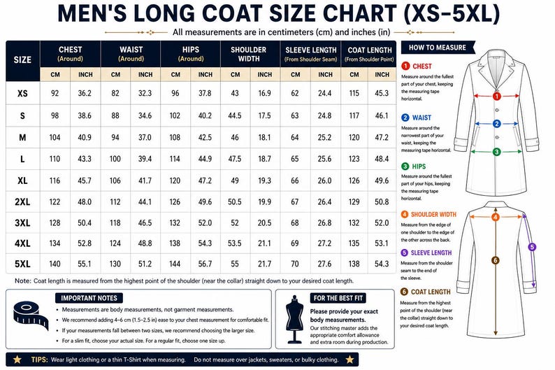 Puede incluir: Una tabla de tallas para un abrigo largo, titulada MEN'S LONG COAT SIZE CHART (XS-5XL). Muestra una tabla con columnas para pecho, cintura, caderas, hombros, mangas y largo del abrigo en cent&iacute;metros y pulgadas, junto a un diagrama de medici&oacute;n.