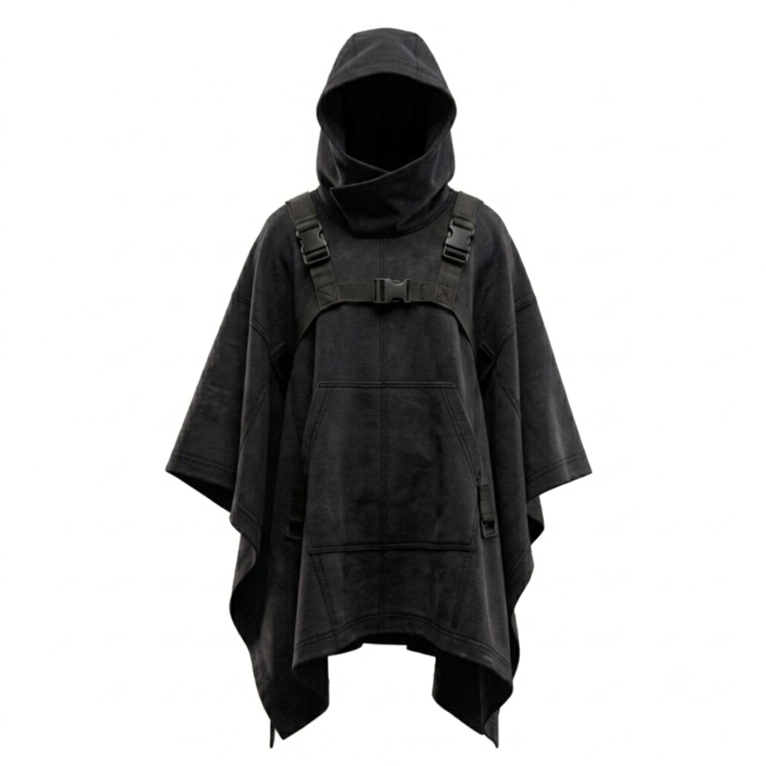 Cyberpunk Tactical Black Hooded Ninja Cape Techwear Poncho Gothic Military Tactical Cloak Post Apocalyptic Hooded Cape Cosplay