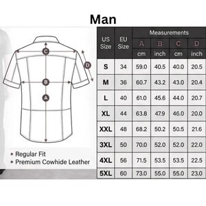 Puede incluir: Diagrama de una camisa de manga corta con medidas en cent&iacute;metros y pulgadas. La tabla muestra tallas de EE. UU. y la UE, con medidas para las tallas S a 5XL. Tambi&eacute;n se ve el texto "Man", "Regular Fit" y "Premium Cowhide Leather".
