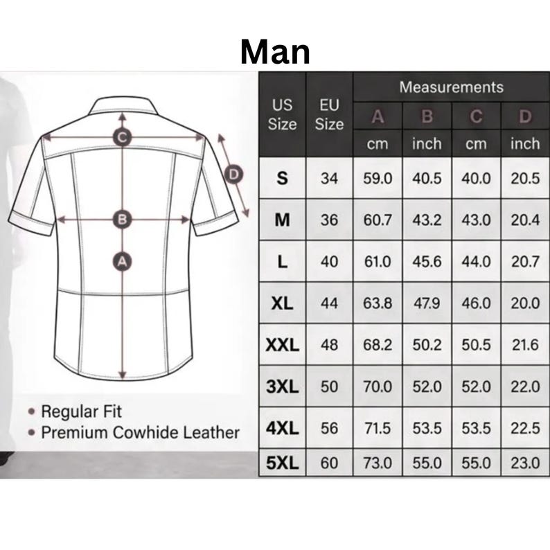 Puede incluir: Diagrama de una camisa de manga corta con medidas en cent&iacute;metros y pulgadas. La tabla muestra tallas de EE. UU. y la UE, con medidas para las tallas S a 5XL. Tambi&eacute;n se ve el texto "Man", "Regular Fit" y "Premium Cowhide Leather".