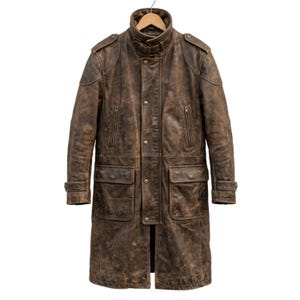 Veteran Ranger Duster Coat | Genuine Leather Long Duster | Distressed Brown Ranger Coat | High Collar Trench Coat | Post Apocalyptic