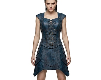Woman Blue Leather Warrior Corset Dress – Medieval Cosplay, Renaissance Armor, Gothic Steampunk Bodice
