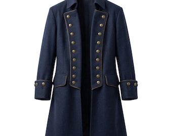 The Plymouth Corsair Long Coat | Navy Blue Wool Pirate Captain Coat | Renaissance Buccaneer Overcoat | Historical Maritime Cosplay Jacket
