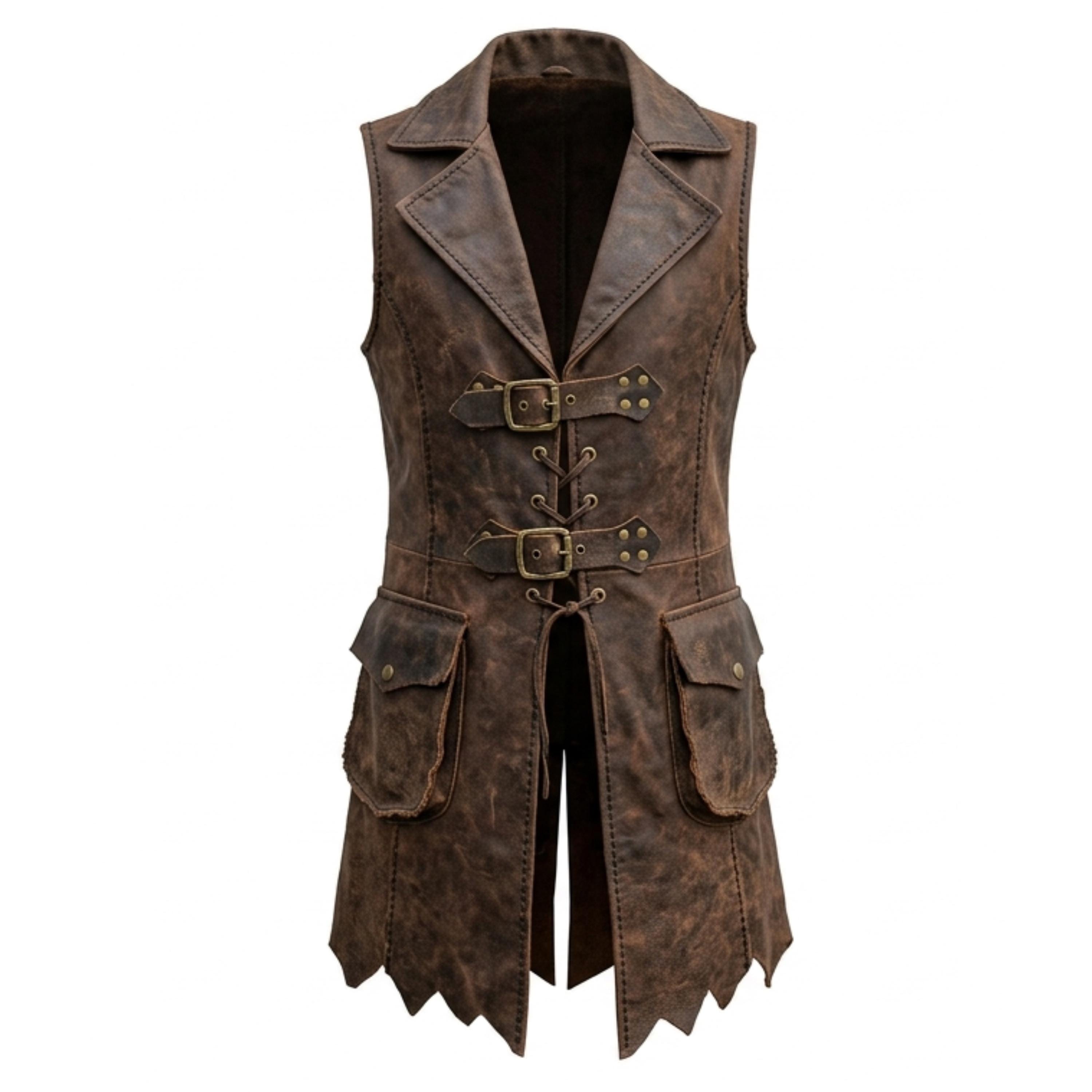 Pirate Leather Long Waistcoat Leather Buccaneer Vest Medieval Pirate Coat Steampunk Long Vest Renaissance Fair Cosplay Costume