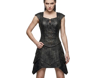 Woman Black Leather Warrior Corset Dress – Medieval Cosplay, LARP Armor, Steampunk Bodice