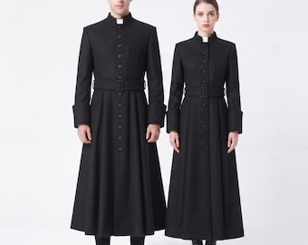 Gothic Priest Long Coat | Unisex Wool Clergy Coat | Victorian Gothic Overcoat | Medieval Priest Cosplay Jacket | Halloween