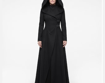 Witch Costume for Women, Gothic Hooded Witch Coat, Long Black Halloween Coat, Dark Fantasy Costume, Gothic Cloak