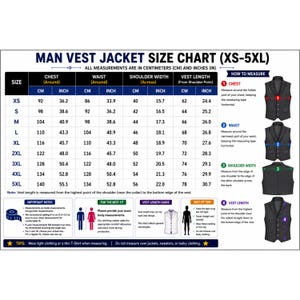 Puede incluir: Una tabla de tallas para chaleco titulada MAN VEST JACKET SIZE CHART (XS-5XL). Incluye una tabla con medidas de pecho, cintura, ancho de hombros y largo en cent&iacute;metros y pulgadas, junto con instrucciones visuales sobre c&oacute;mo medir.