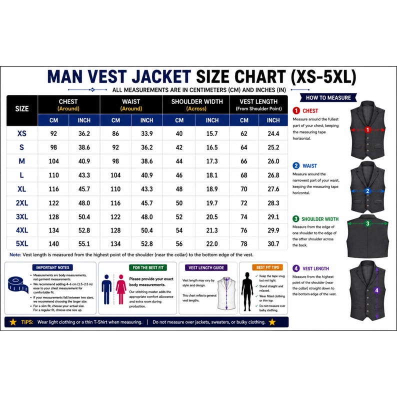Puede incluir: Una tabla de tallas para chaleco titulada MAN VEST JACKET SIZE CHART (XS-5XL). Incluye una tabla con medidas de pecho, cintura, ancho de hombros y largo en cent&iacute;metros y pulgadas, junto con instrucciones visuales sobre c&oacute;mo medir.