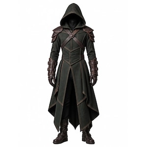 May include: A dark green hooded long coat featuring brown leather-like shoulder pauldrons, chest straps with a buckle, and matching brown forearm bracers. The garment includes a high-low hemline, dark trousers, and brown buckled boots.