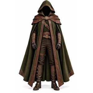 May include: A dark olive green hooded cloak with brown leather-like trim, shoulder pauldrons, and a central circular clasp. The outfit includes brown trousers, a leather belt with buckles, matching brown gauntlets, and tall brown buckled boots.