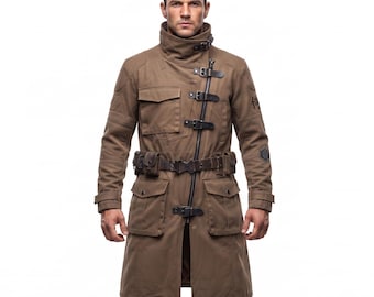 Brown Samurai Long Coat | Futuristic Techwear Trench Coat | Men's Cotton Canvas Duster | Anime Inspired Cosplay Jacket | Halloween