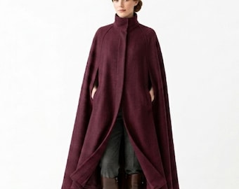 Abrigo largo tipo capa burdeos para mujer / Chaqueta tipo capa victoriana de lana gótica / Maxi de lujo con cuello alto estilo steampunk / Prenda de abrigo de estilo vintage