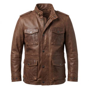 May include: A brown leather jacket featuring a stand-up collar, a front zipper closure, and a buttoned placket. The jacket includes four front flap pockets with snap buttons, shoulder epaulets, and adjustable buttoned cuffs on the long sleeves.