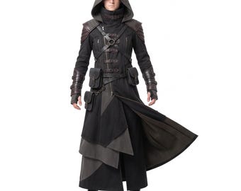 Dark Fantasy Gothic Futuristic Cosplay Costume, Hooded Warrior Coat, Cyberpunk Assassin Jacket, Medieval Fantasy Halloween Costume