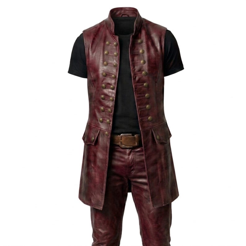 Puede incluir: Un chaleco de cuero rojo oscuro con cuello alto, dos filas verticales de botones color lat&oacute;n y dos bolsillos delanteros con solapa. El chaleco se lleva sobre una camiseta negra de manga corta, combinado con pantalones de cuero rojo oscuro a juego y un cintur&oacute;n marr&oacute;n.