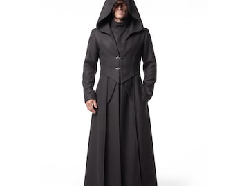Hooded Wizard Costume, Men’s Gothic Wizard Robe, Wool Medieval Cloak, Dark Fantasy Costume, Hooded Wizard Coat, Halloween Cosplay