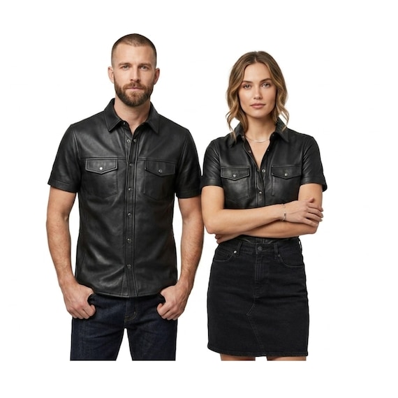Black Sheepskin Leather Shirt | Men and Women Slim Fit Short Sleeve | Genuine Leather Button Down | Biker Streetwear Jacket Top | Brown
