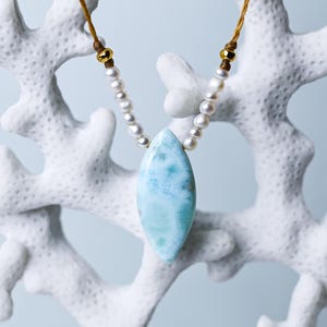 Larimar and Freshwater Pearl Pendant Necklace for Women, Handmade Necklace, Gift for Her, Larimar Jewelry, Bridal Necklace, Boho Necklace