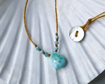 Handmade Larimar Pendant Necklace: Natural Teardrop Stone, Braided Cord